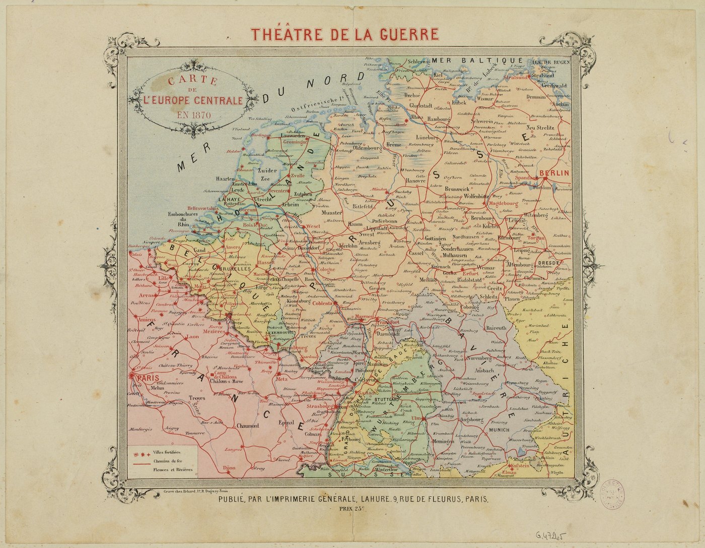 Colored nineteenth-century map of central Europe in 1870, from Paris and the French northeast to Berlin, Bavaria and Austria, with France in pink, the Prussian lands in buff, Bavaria in gray, railways in red and fortified towns marked with stars.