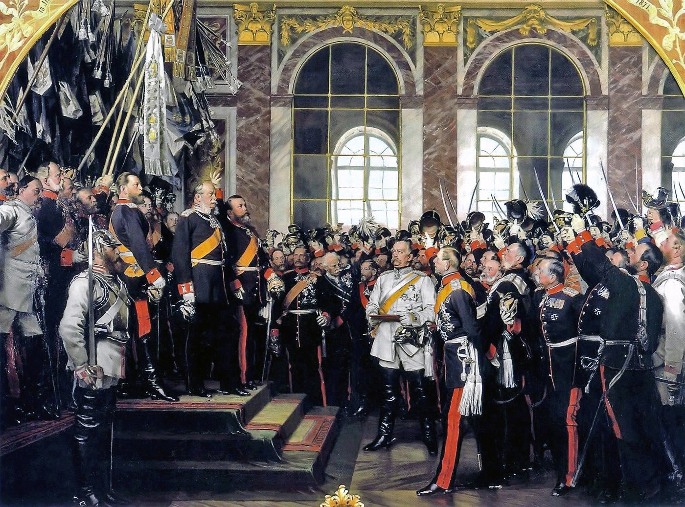 Oil painting of the Hall of Mirrors at Versailles crowded with German officers in dress uniform who raise swords and helmets toward King William I standing on a dais, while Bismarck in a white uniform stands in the center.