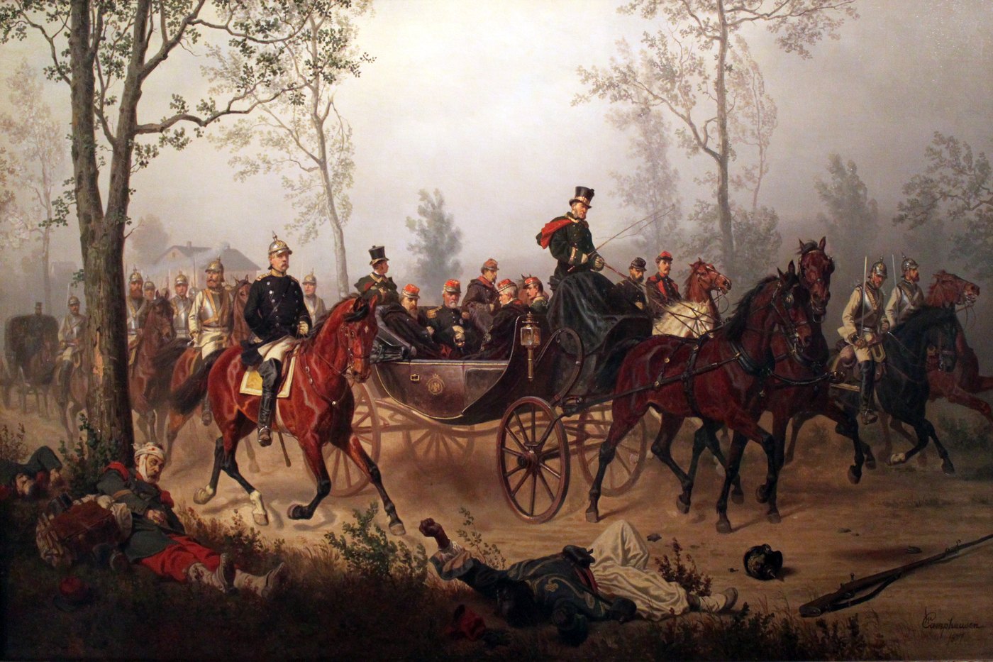 Oil painting of a road through misty woods: Otto von Bismarck in a spiked helmet rides beside an open carriage carrying Napoleon III and French officers, escorted by German cuirassiers, past dead French soldiers lying at the roadside.