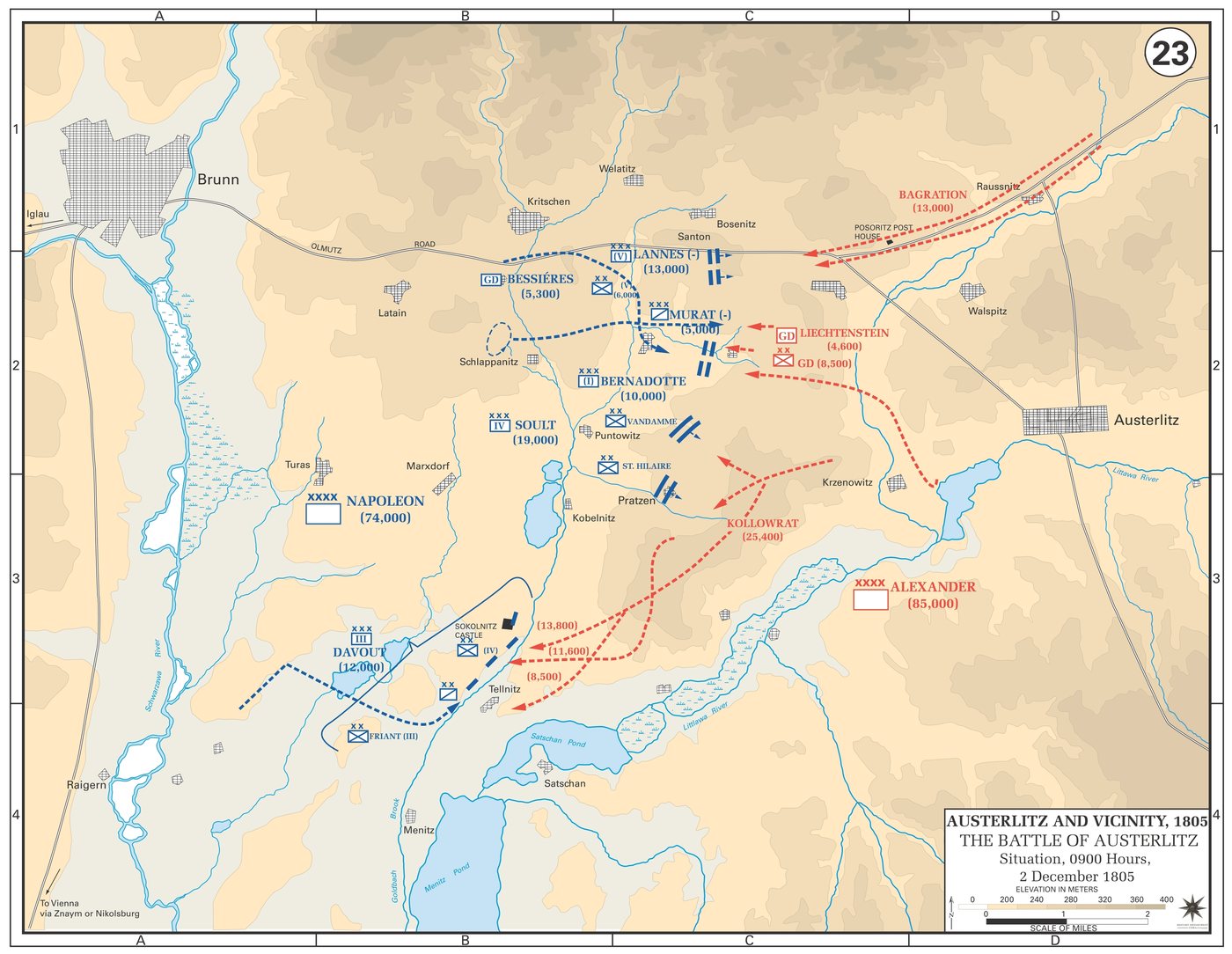 Military map of the Austerlitz battlefield with French units in blue and Allied units in red
