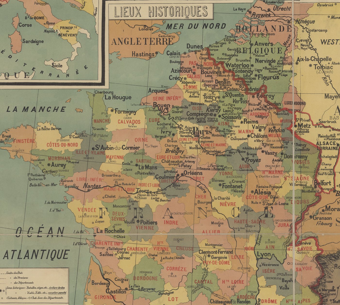 Detail of a colored 19th-century historical map of France and its neighbors, densely labeled with battle sites such as Crécy, Azincourt, Rocroi, Valmy and Waterloo.