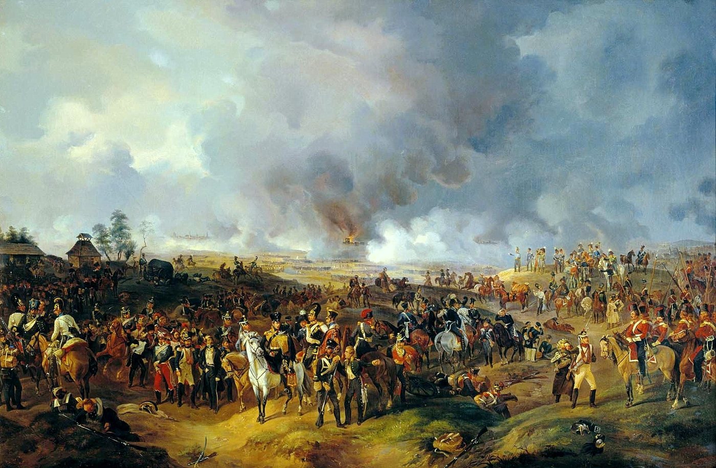Panoramic painting of cavalry and infantry before the town of Leipzig