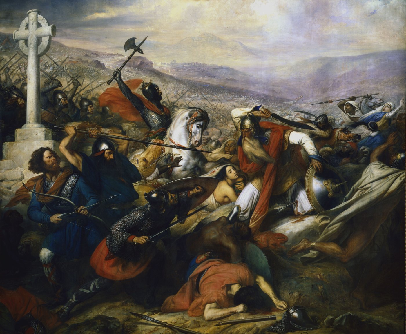 Romantic oil painting of a crowded battle: a Frankish leader on a white horse raises an axe against Arab horsemen beside a stone cross.