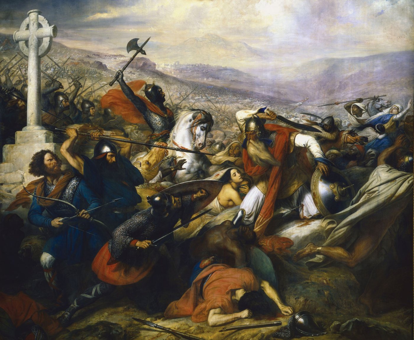 Romantic painting of Charles Martel on horseback swinging an axe in a melee