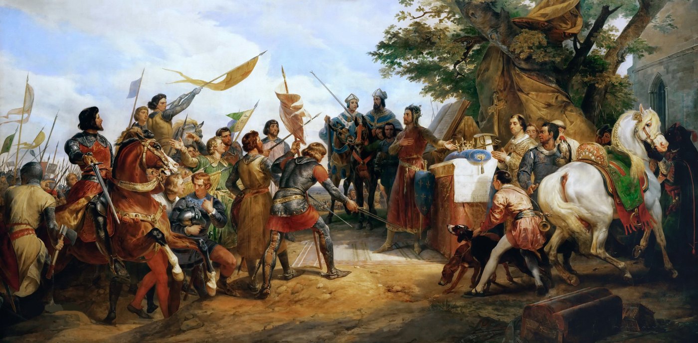 Oil painting of a medieval king in a red robe with his hand on his chest beside an altar, surrounded by knights, clergy and banners before a battle.