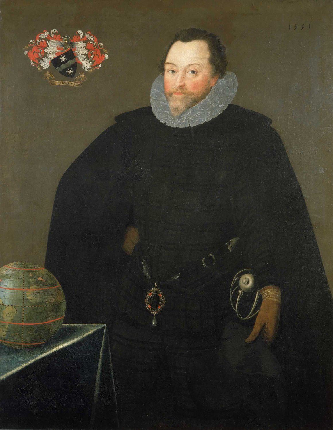 Portrait of a bearded man in a black cloak and white ruff, with a jewel at his belt, a globe on a table and a coat of arms above.