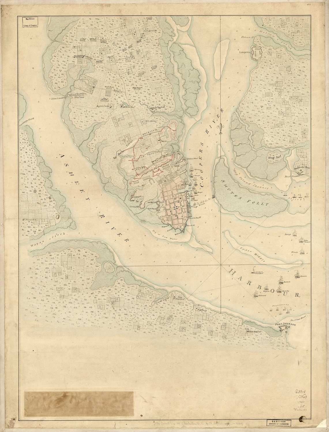 Hand-drawn watercolour map of the Charleston peninsula and harbour with siege lines