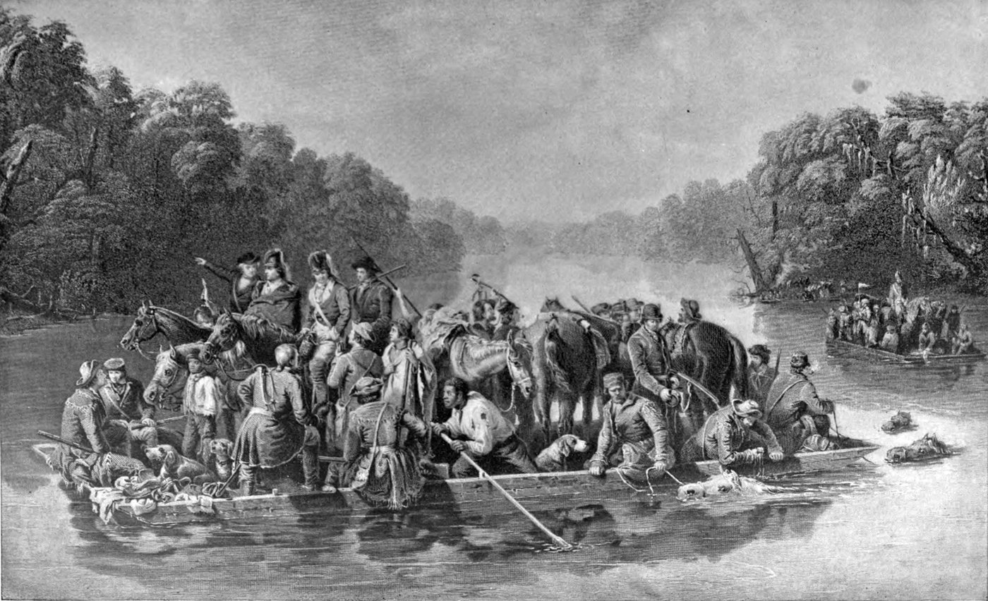 Engraving of mounted men and horses crowded on a flatboat crossing a river between wooded banks