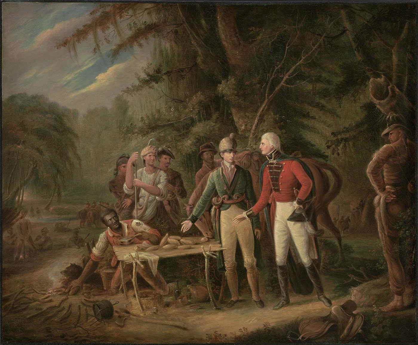 Painting of a partisan camp in a swamp forest where an officer gestures to a British officer in a red coat beside a fire