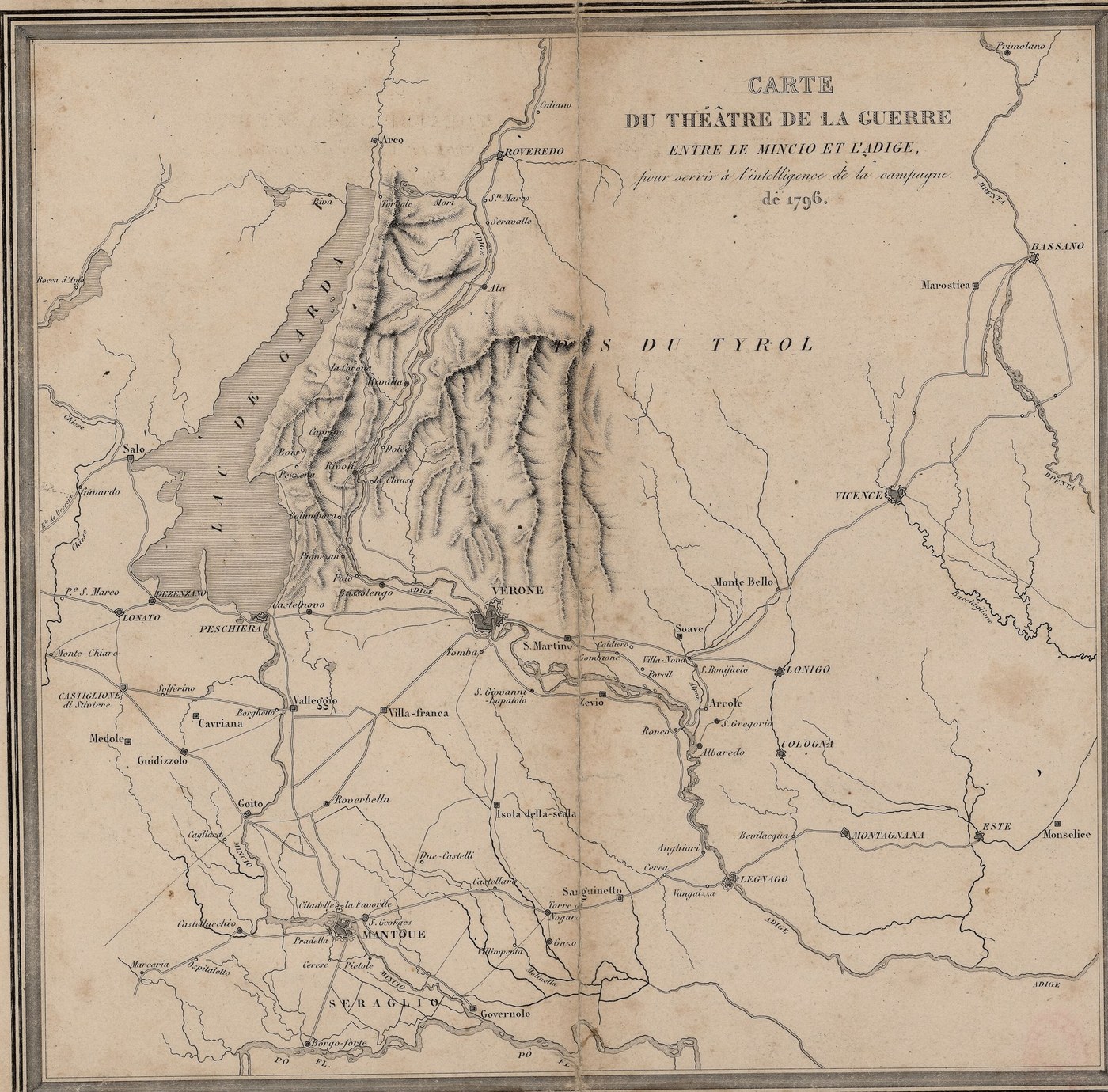 Engraved nineteenth-century map of northern Italy between the Mincio and Adige rivers: Lake Garda on the left, the mountains of the Tyrol at the top, and the towns of Rivoli, Verona, Arcole, Castiglione, Lonato and the fortress of Mantua marked along the rivers.