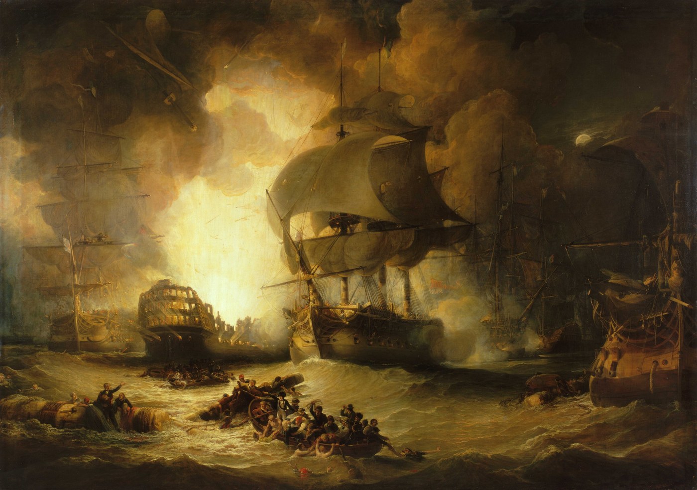 Night sea battle painting: a burning warship explodes in a blaze of orange light on the left, a British ship of the line surges forward under billowing sails in the center, and sailors in small boats pull survivors from the waves.