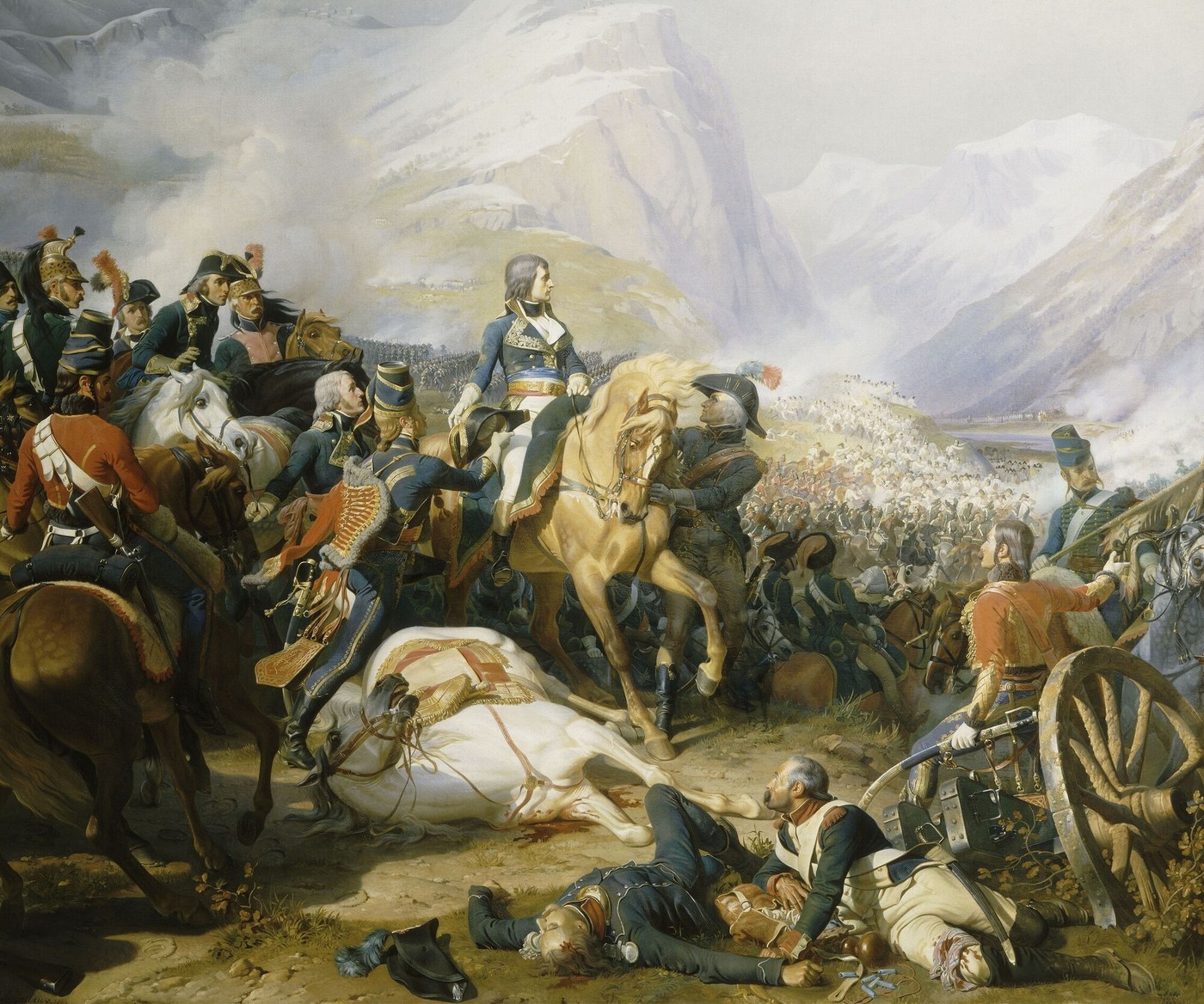 Oil painting of a young general in a blue and gold uniform on a pale horse amid his staff on a mountain slope, a dead white horse and wounded soldiers at his feet, and columns of infantry advancing through smoke toward snowy peaks.