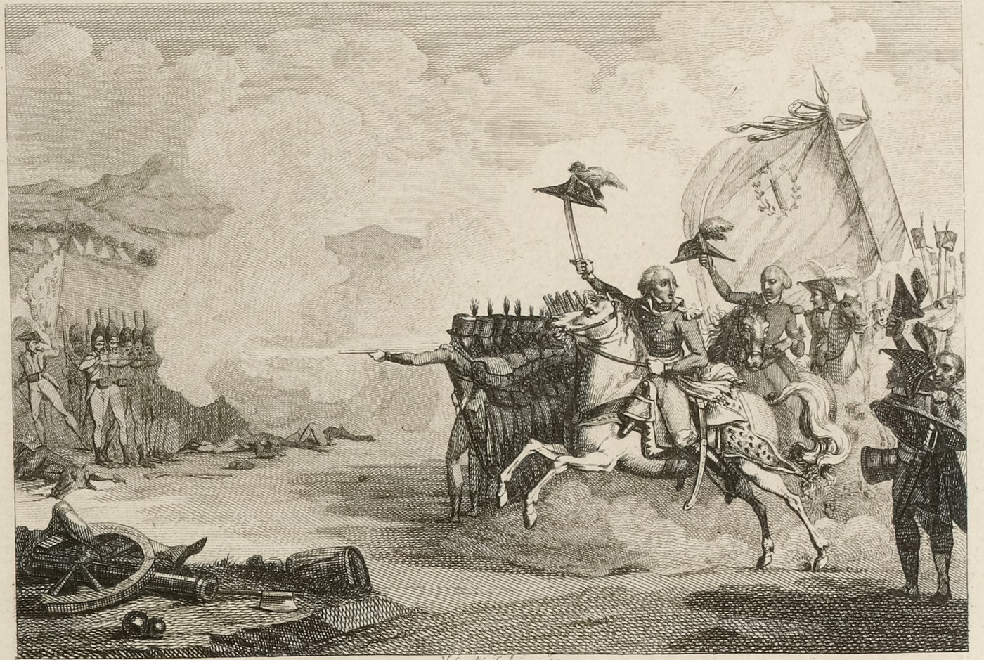 Engraving of a battle: a general on a rearing white horse raises his hat on the point of his sword in front of a line of infantry firing at enemy soldiers across a smoky field, with a wrecked cannon in the foreground and flags behind him.