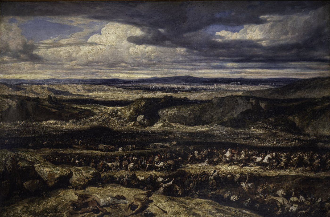 Dark panoramic painting of a huge battle on an open plain under storm clouds