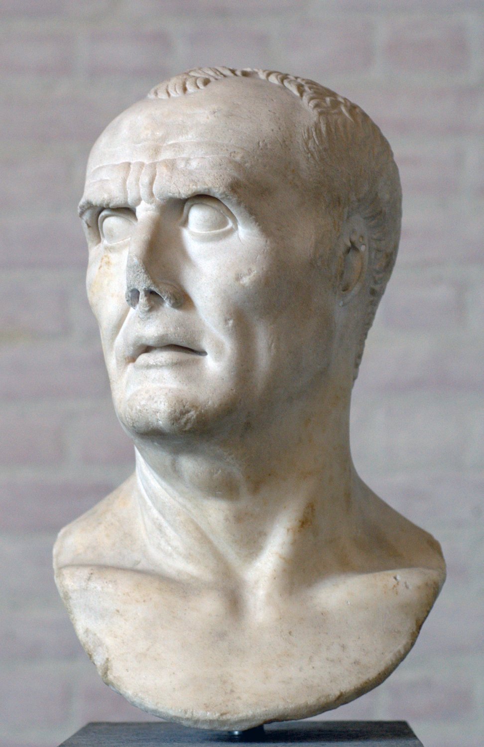 Marble bust of a bald elderly Roman with a furrowed brow and slightly open mouth