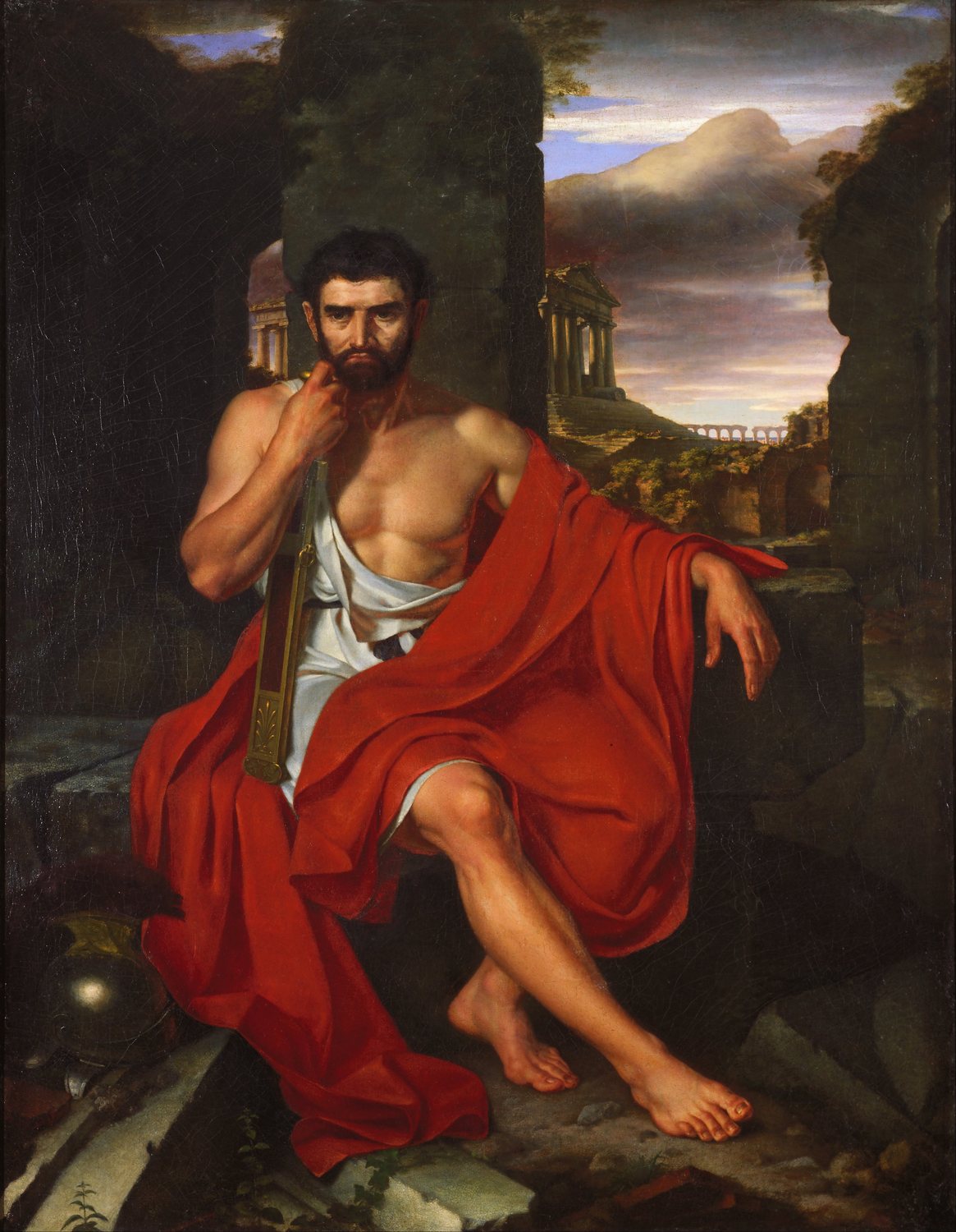 Painting of a brooding old Roman in a red cloak seated among broken columns