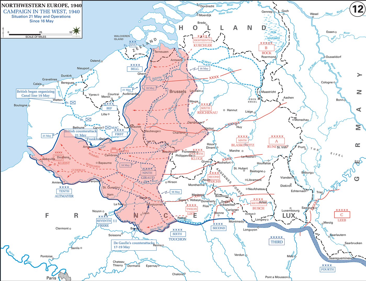 Colored campaign map of northern France and Belgium with a pink German corridor from the Ardennes to the Channel, red attack arrows and a label for de Gaulle's counterattacks between Laon and Montcornet