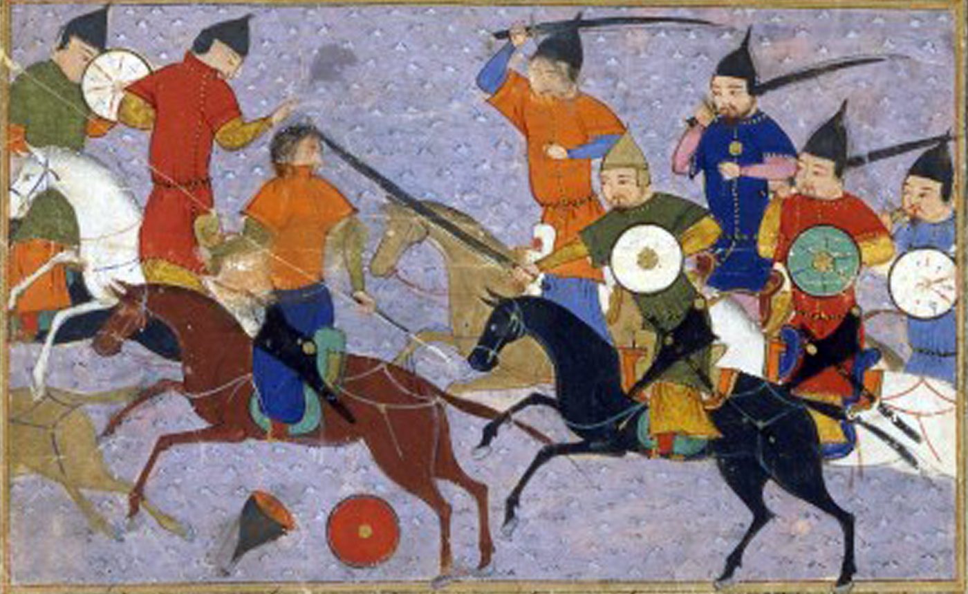 Persian miniature of Mongol cavalry with lances and round shields fighting Chinese horsemen