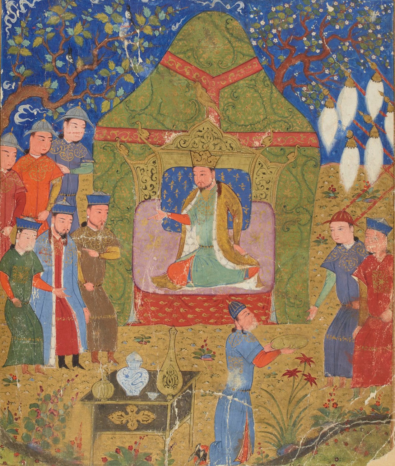 Miniature of Genghis Khan seated in a tent pavilion with attendants standing around him