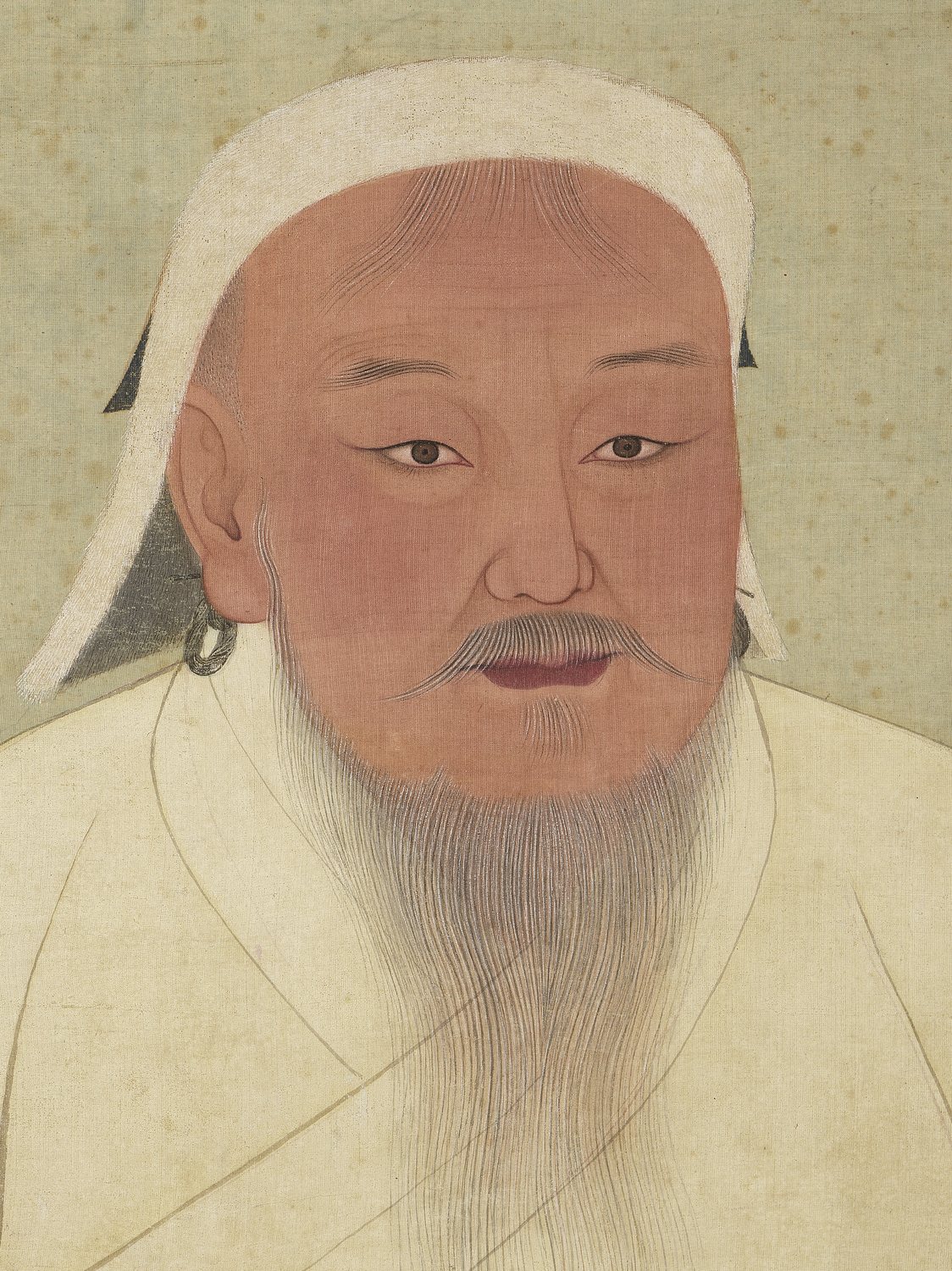 Portret na jedwabiu starszego mongolskiego władcy z siwą brodą w białej czapce