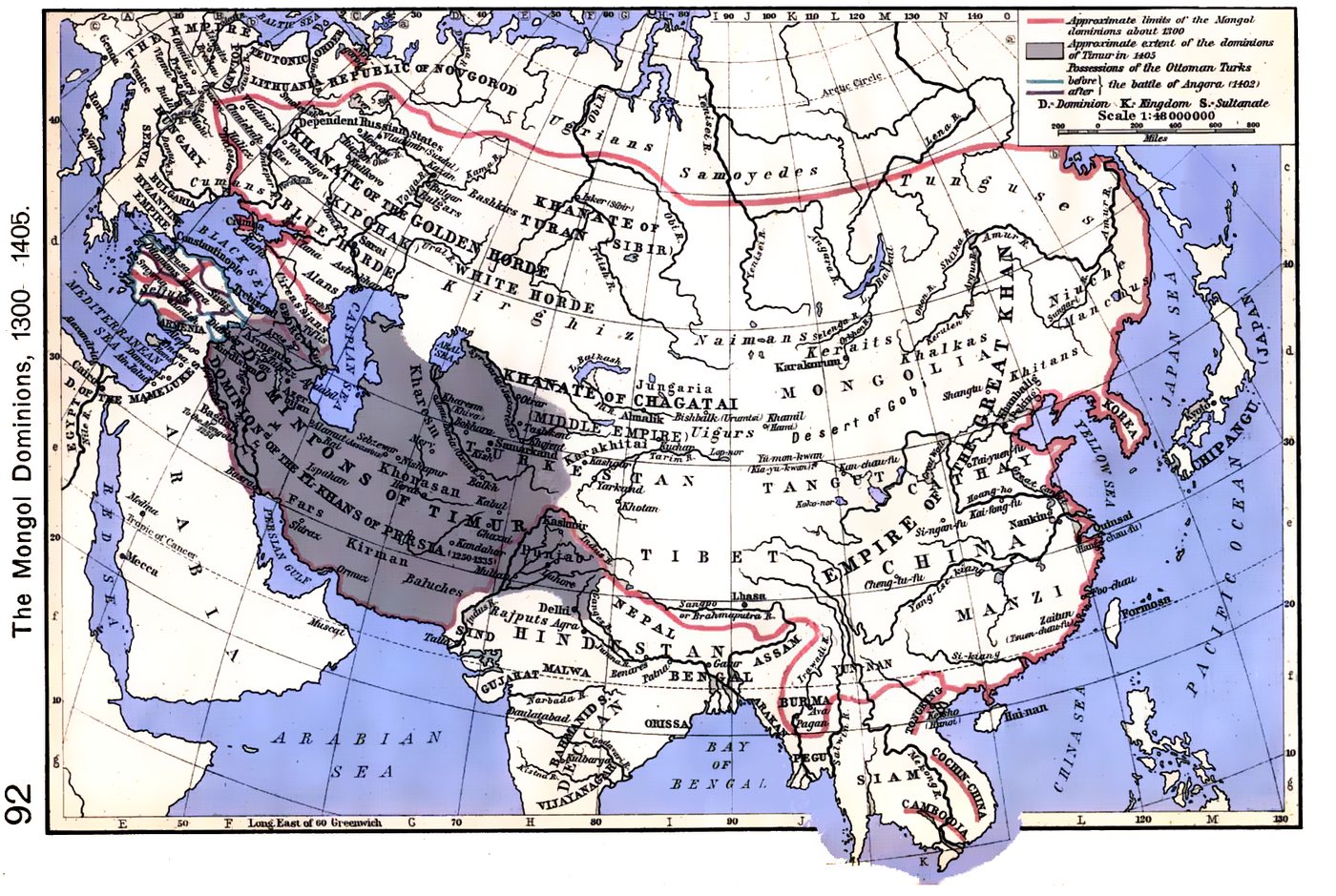 Coloured historical map of Asia and Eastern Europe showing the Mongol khanates