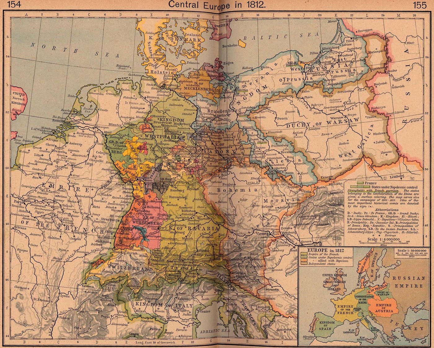 Coloured historical map of Europe in 1812 with the French Empire and its allies