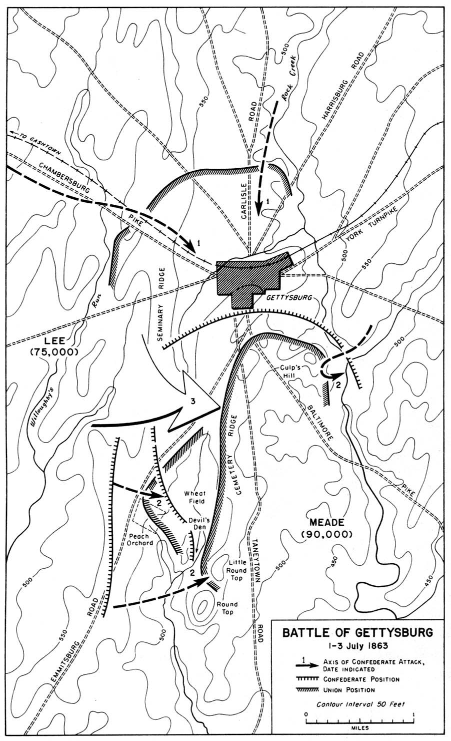 Black and white map of the Gettysburg battlefield with Union and Confederate lines