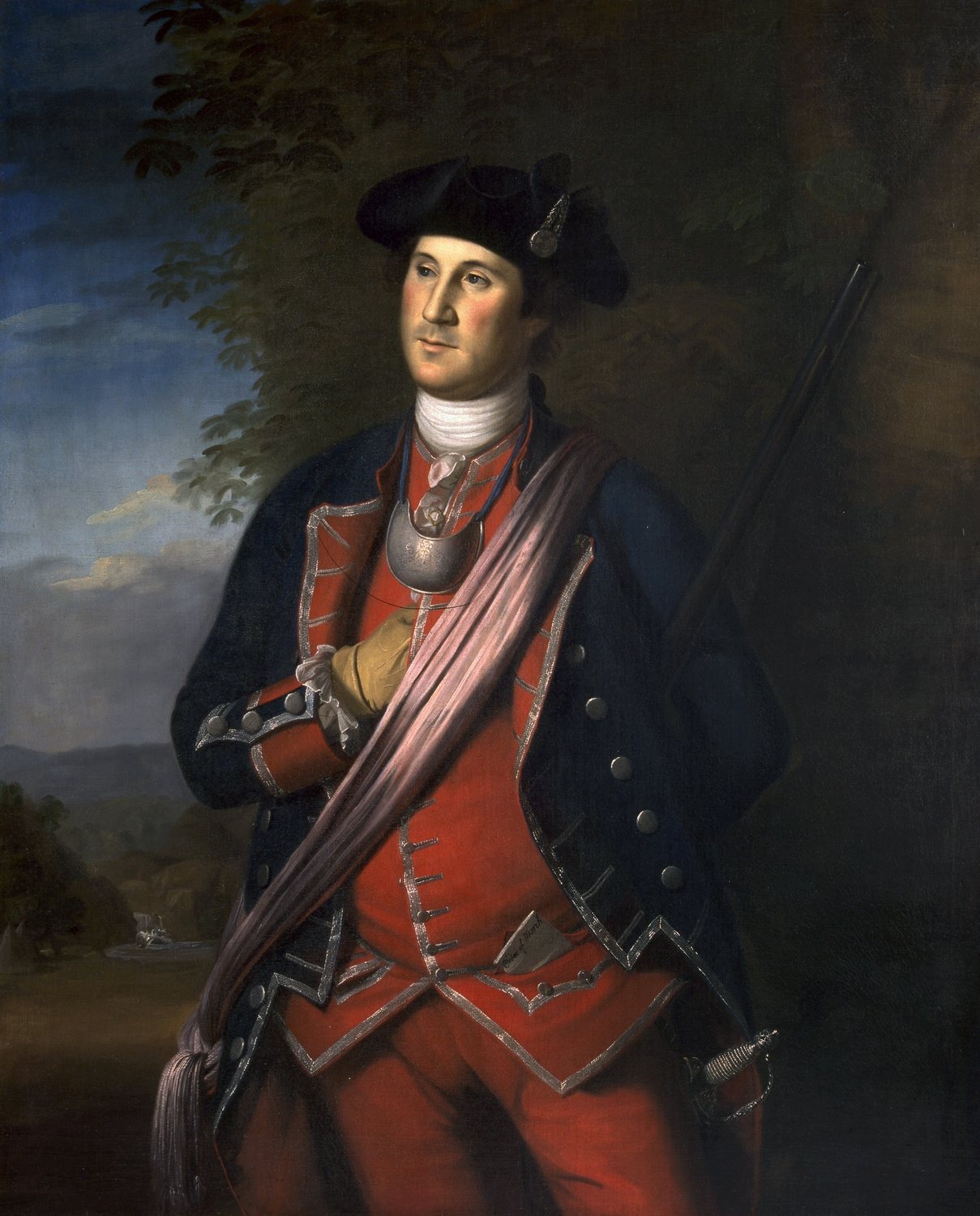 Oil portrait of a young Washington in a blue and red colonial officer's uniform