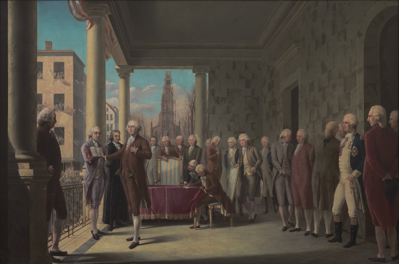 Painting of Washington being sworn in on a balcony above a crowd