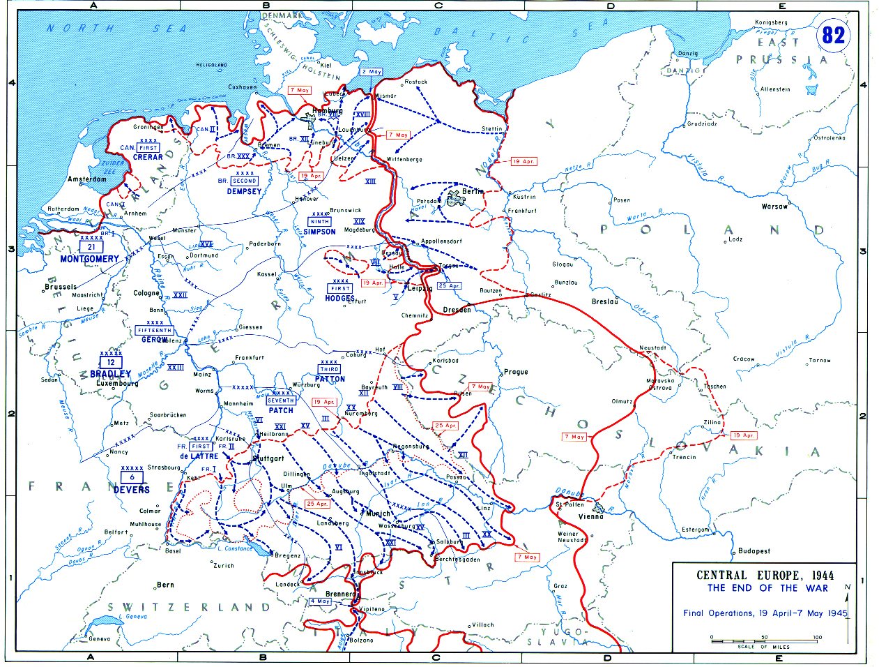 Map of Central Europe showing the last Allied and Soviet advances of 1945