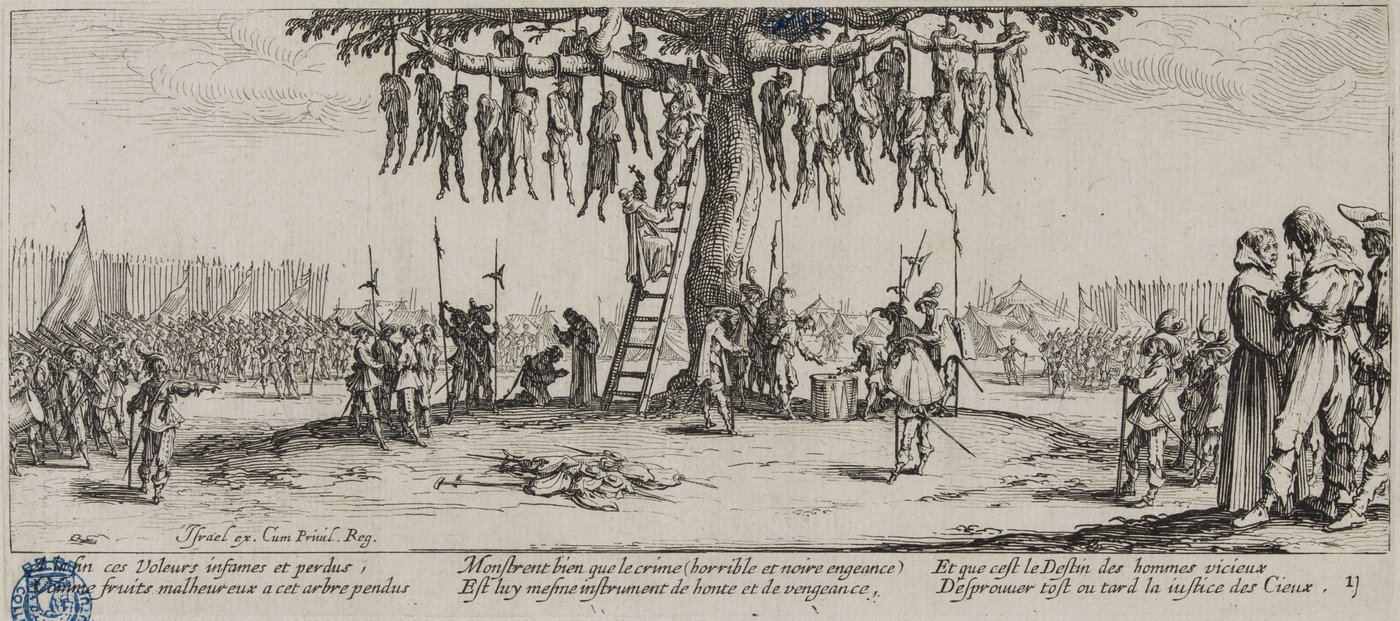 Black and white etching: dozens of men hang from the branches of a large tree in a military camp, a monk on a ladder holds up a cross, and ranks of soldiers with pikes stand around.
