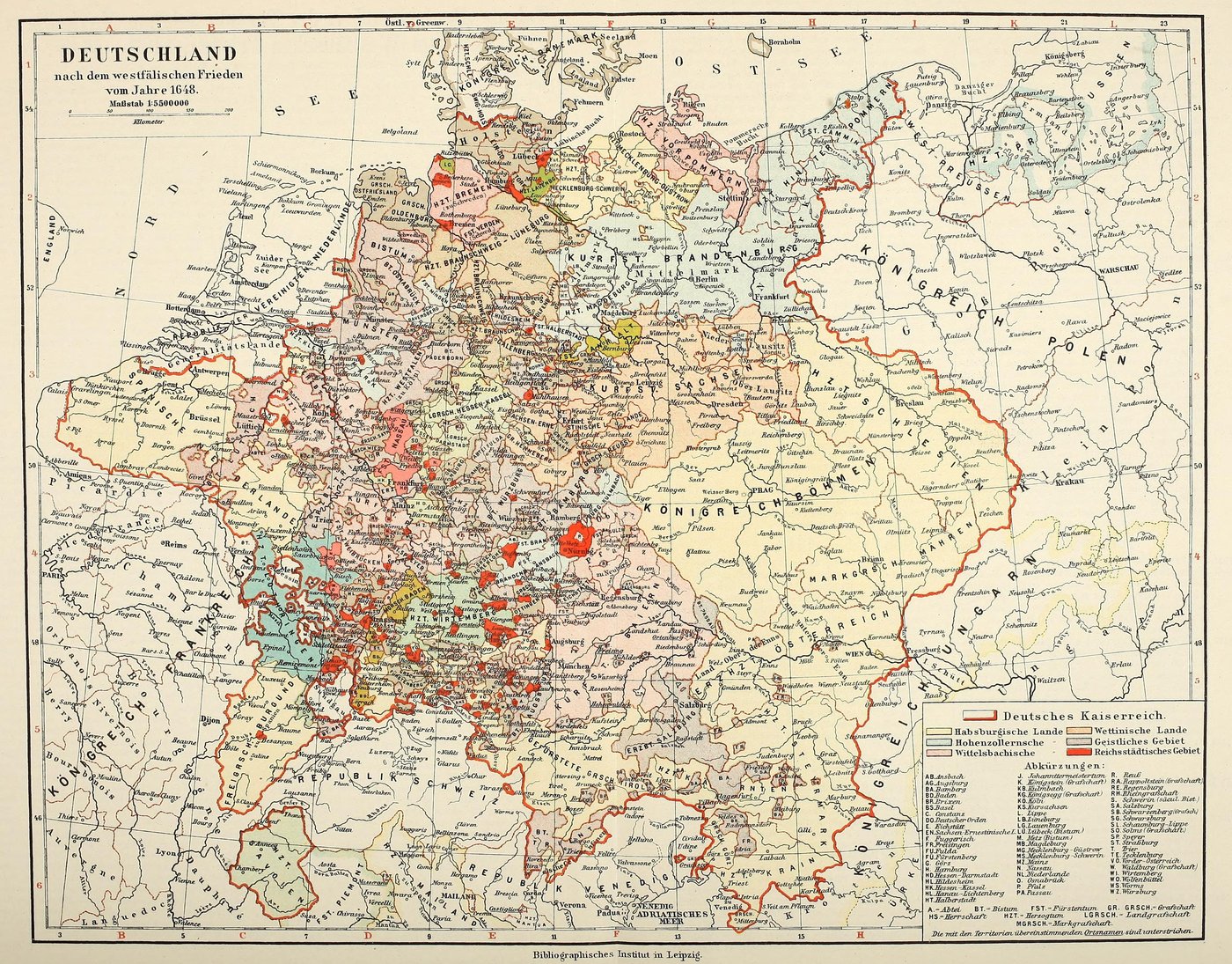 Colored historical map of Central Europe after 1648, crowded with the borders of hundreds of German territories, with the Kingdom of Bohemia, Brandenburg, Saxony and Bavaria labeled and the Kingdom of Poland to the east.