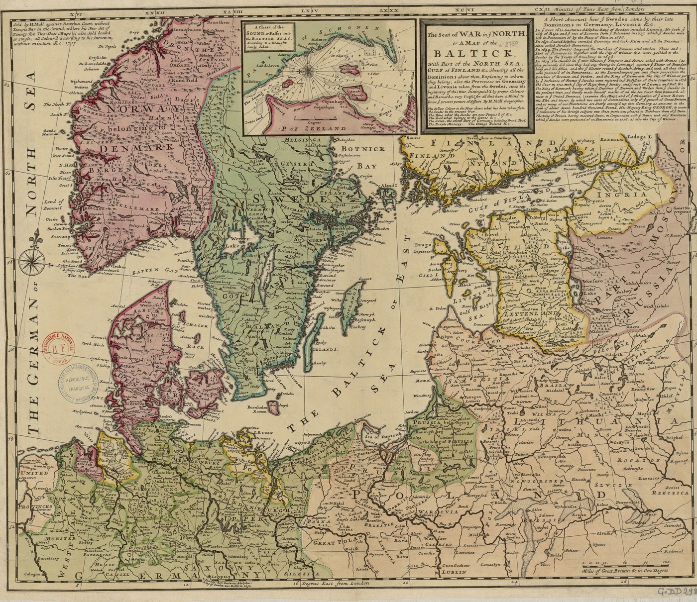 Hand-colored early eighteenth-century map of the Baltic Sea and its shores: Norway and Denmark in pink, Sweden in green, Finland, Estonia, Livonia and Ingria in yellow, Russia in purple, and Poland and Lithuania in orange, with an inset chart of the Sound and a long text panel at top right.