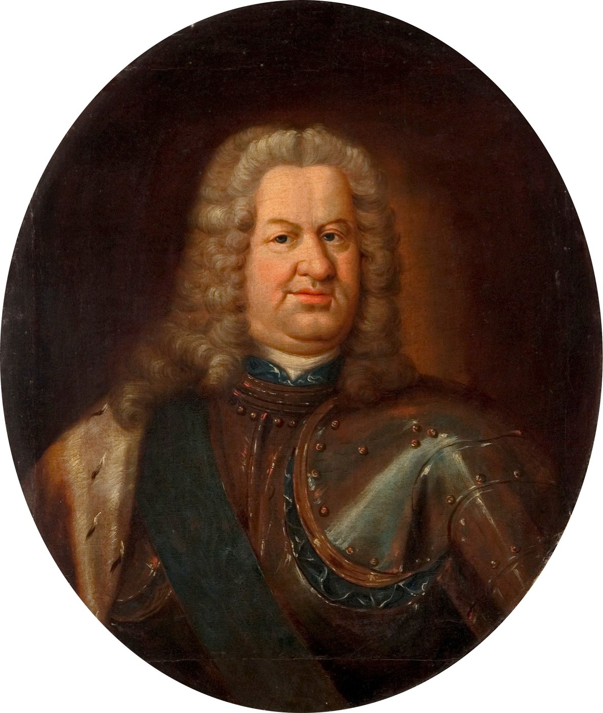 Oval portrait of a heavy-set man with a powdered curled wig, wearing armor under an ermine-lined cloak and a blue sash.
