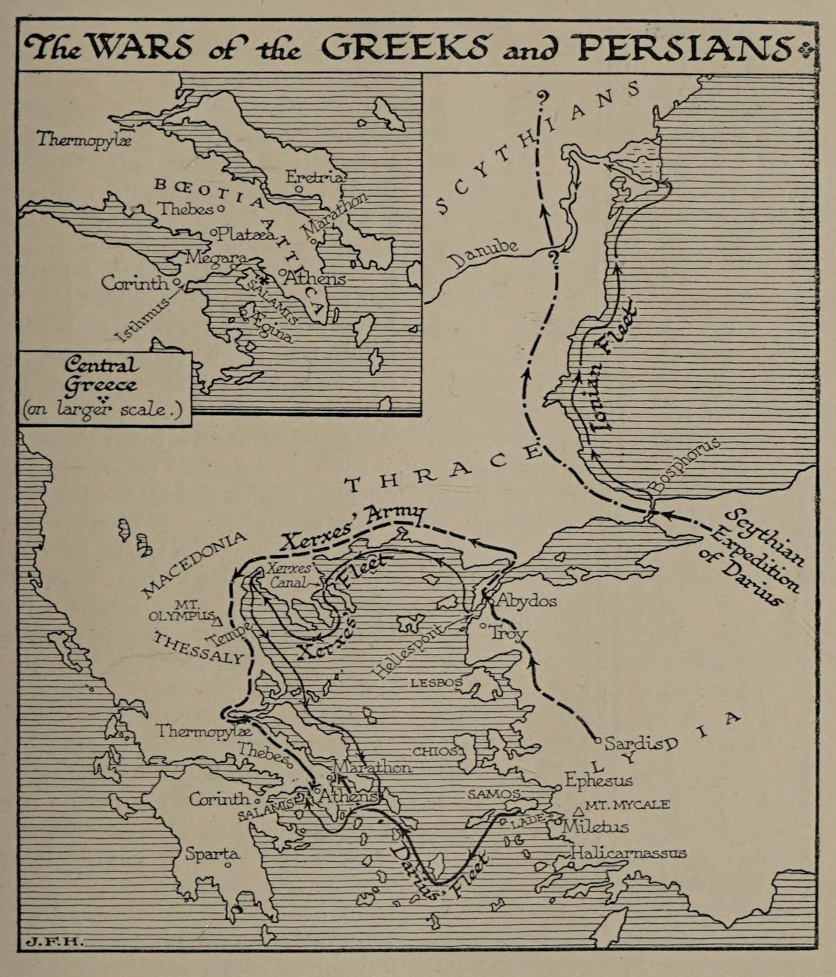 Czarno-biała mapa historyczna Morza Egejskiego zatytułowana The Wars of the Greeks and Persians, z trasą wyprawy Dariusza na Scytów, drogą floty Dariusza przez Morze Egejskie do Maratonu, marszem armii Kserksesa przez Trację i Tesalię do Termopil i Aten, jego flotą płynącą wzdłuż wybrzeża oraz wkładką z Grecją środkową, Maratonem, Platejami, Salaminą i Koryntem.