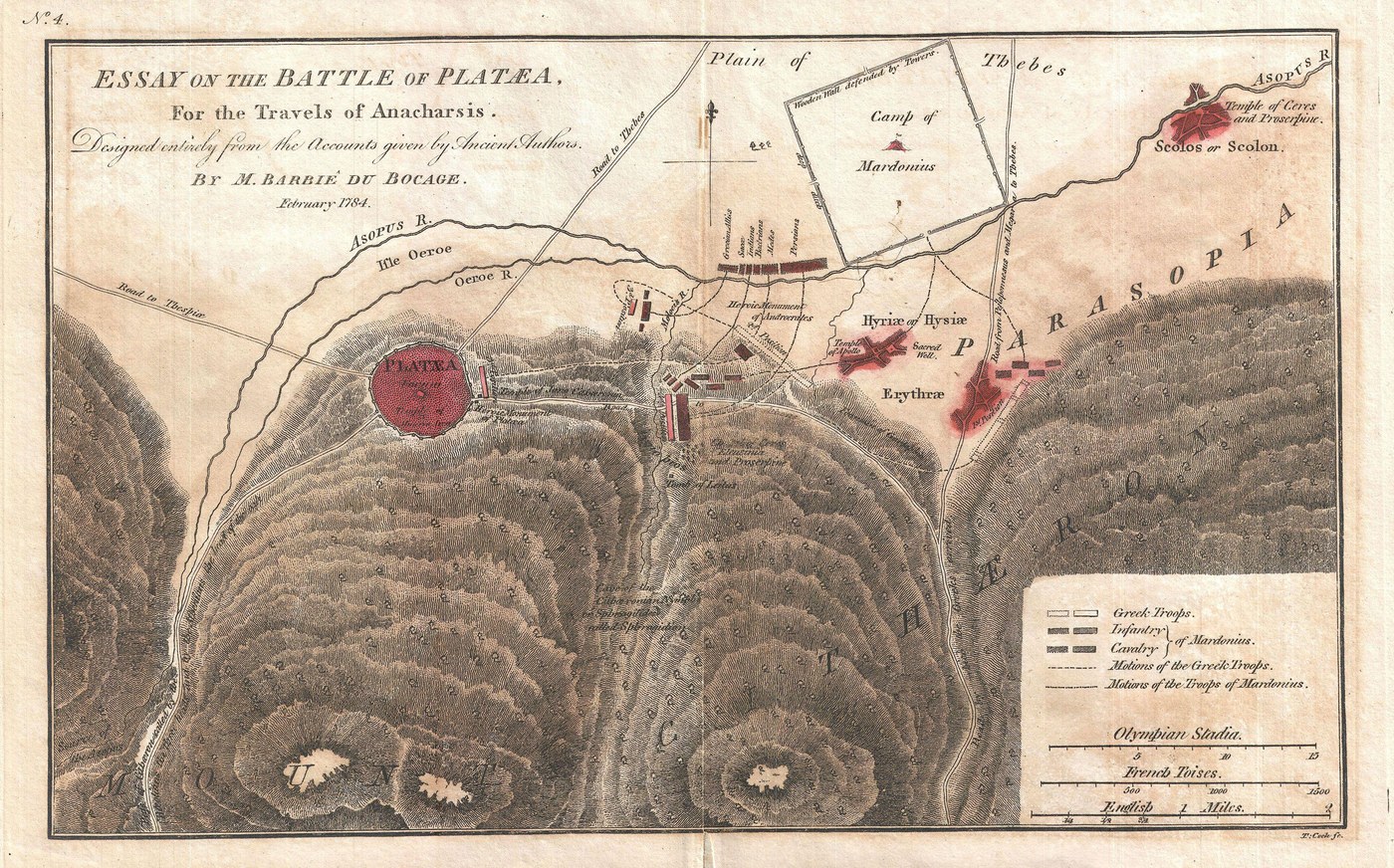 Ręcznie kolorowana mapa miedziorytnicza z XVIII wieku zatytułowana Essay on the Battle of Plataea: otoczone murem miasto Plateje u stóp góry Kitajron, rzeka Asopos, kwadratowy obóz Mardoniusza na równinie Teb oraz prostokąty oznaczające wojska greckie i perskie, z legendą i podziałkami.