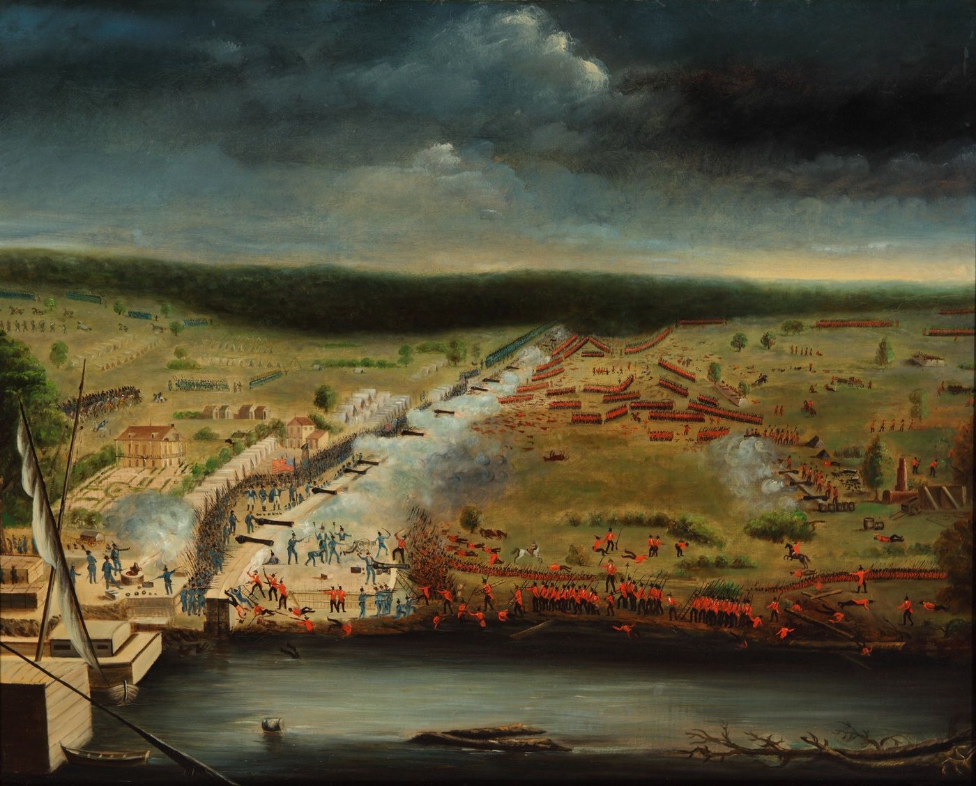 Panoramic painting of British columns attacking American earthworks