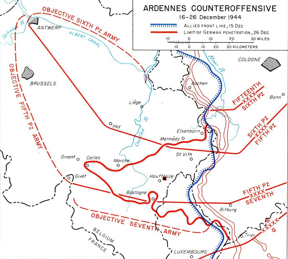 Map of the Ardennes showing the German bulge pushing west towards the Meuse