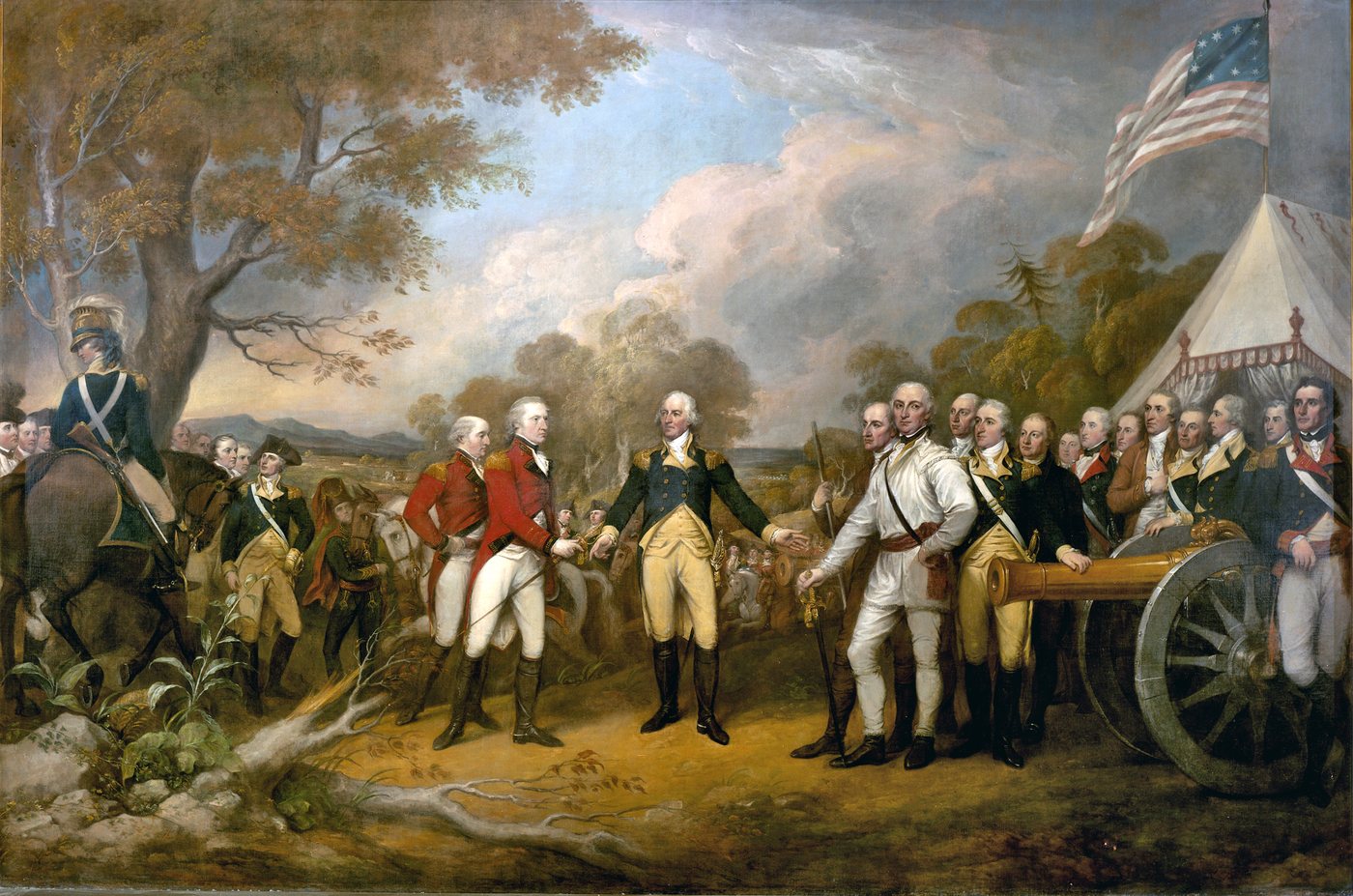 Painting of a British general offering his sword to an American general before tents and troops