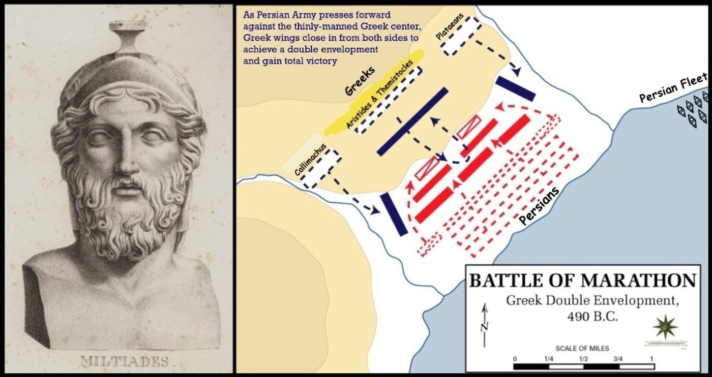Engraved bust of Miltiades beside a battle map of Marathon