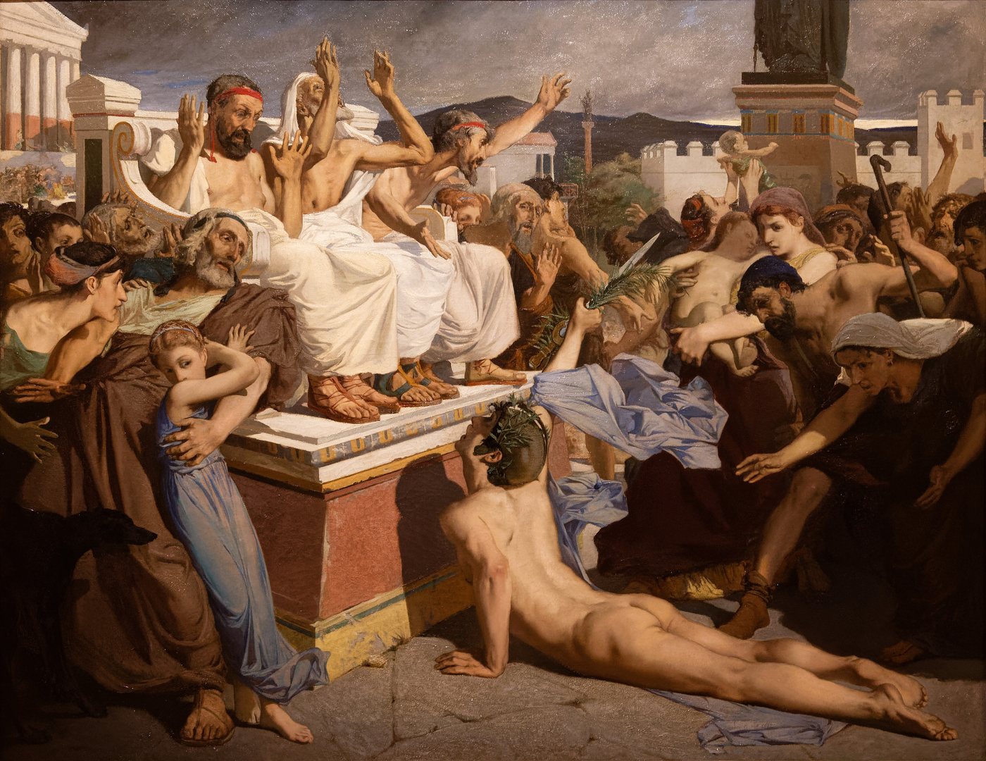Painting of a runner collapsed before Athenian elders