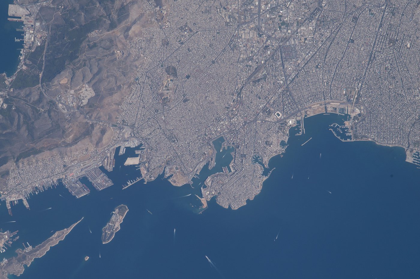 Space photograph of the Athens coast, Piraeus and the island of Salamis