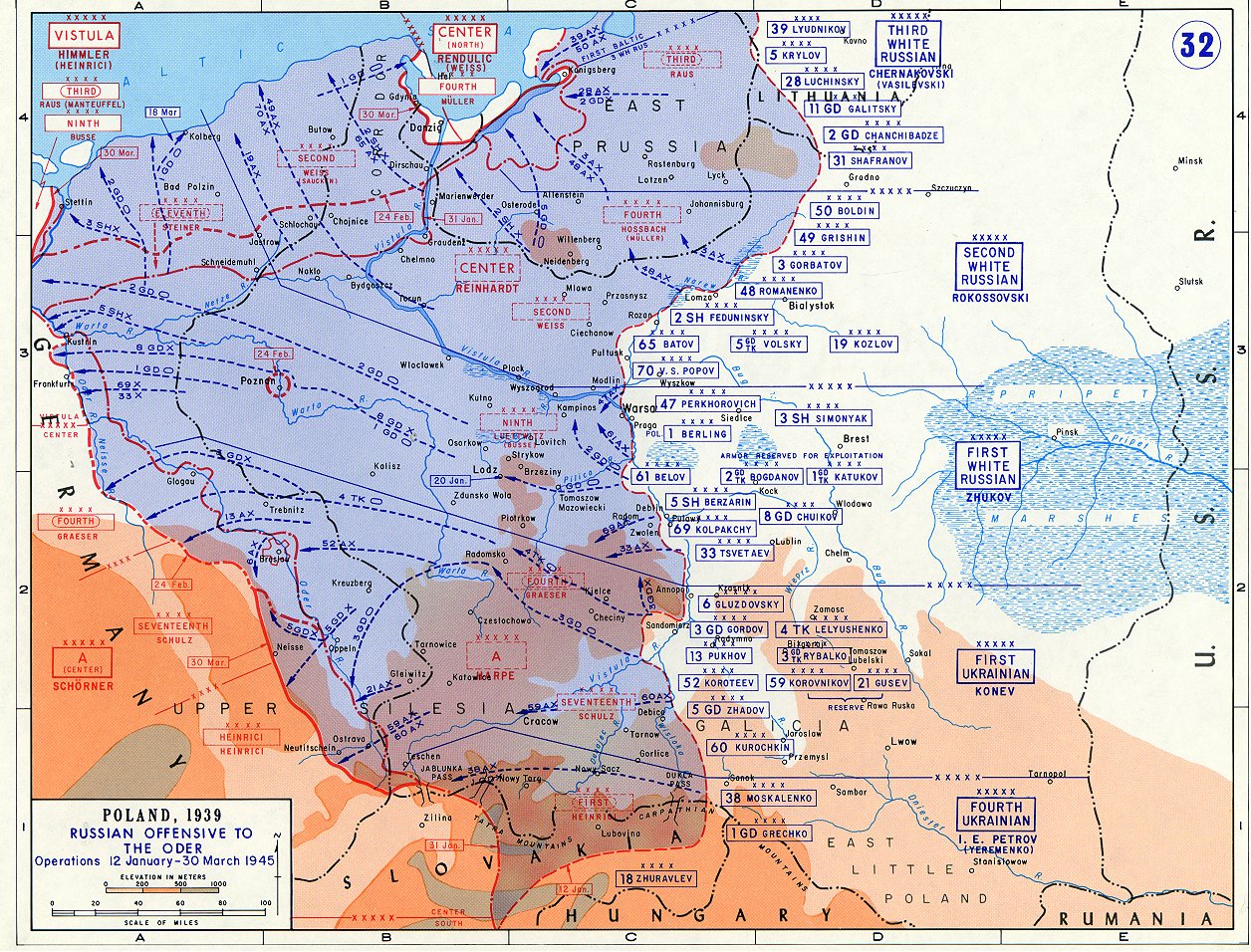 Military map of the Soviet drive across Poland to the Oder in early 1945