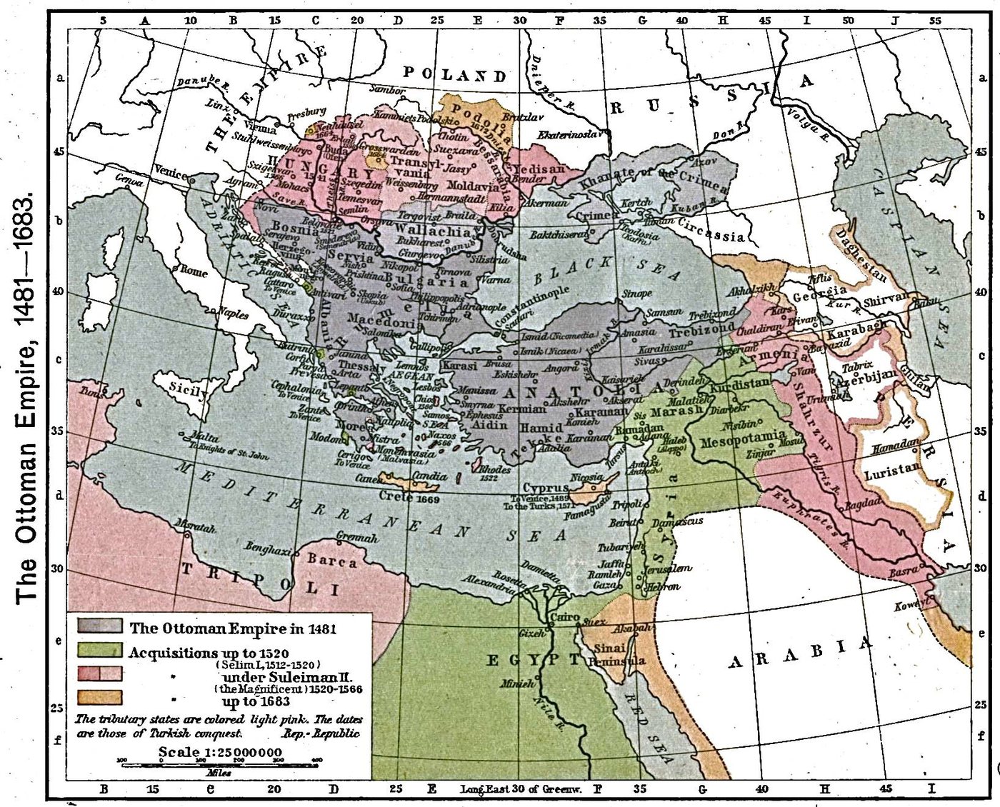 Historical map of the Ottoman Empire across the Balkans, Anatolia, the Middle East and North Africa