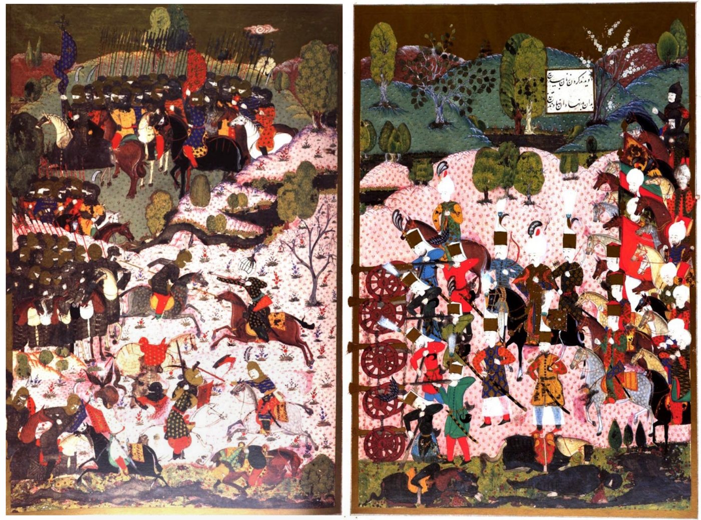 Two-page Ottoman miniature of cavalry and guns clashing on a flowered battlefield