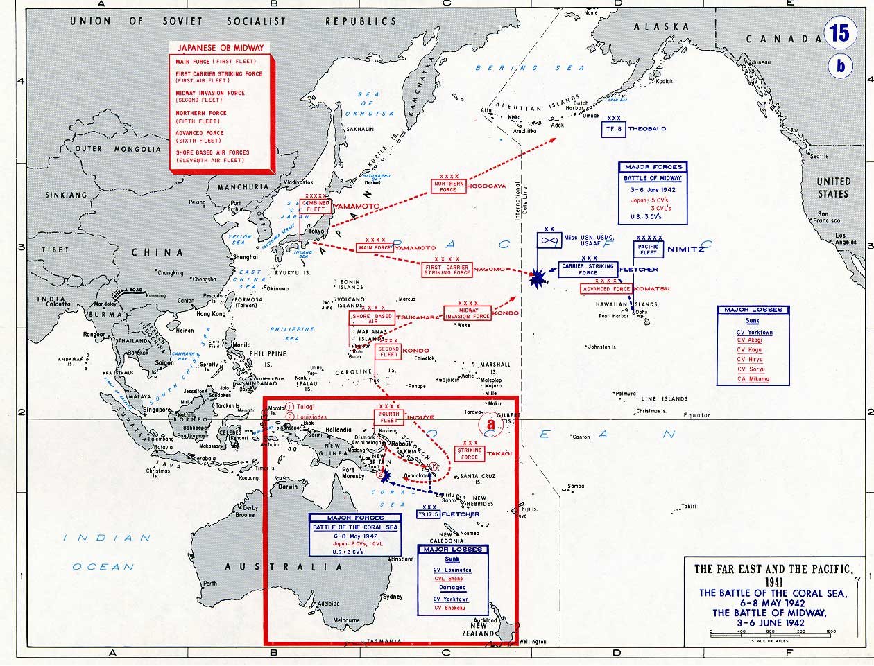 Military map of the Pacific showing Japanese and American fleet movements to the Coral Sea and Midway