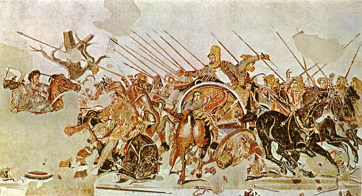 Ancient mosaic of Alexander on horseback charging toward the Persian king in his chariot