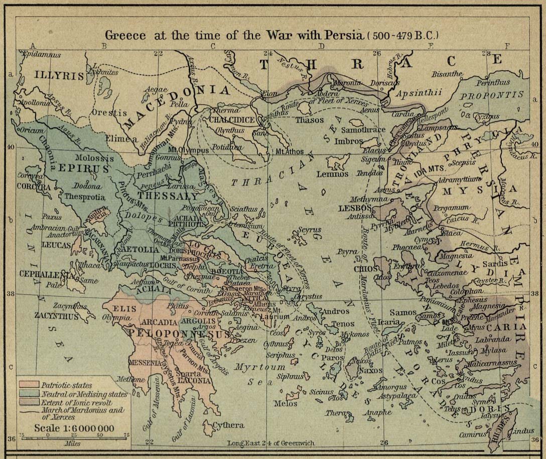 Historical map of Greece, the Aegean and western Asia Minor at the time of the Persian Wars