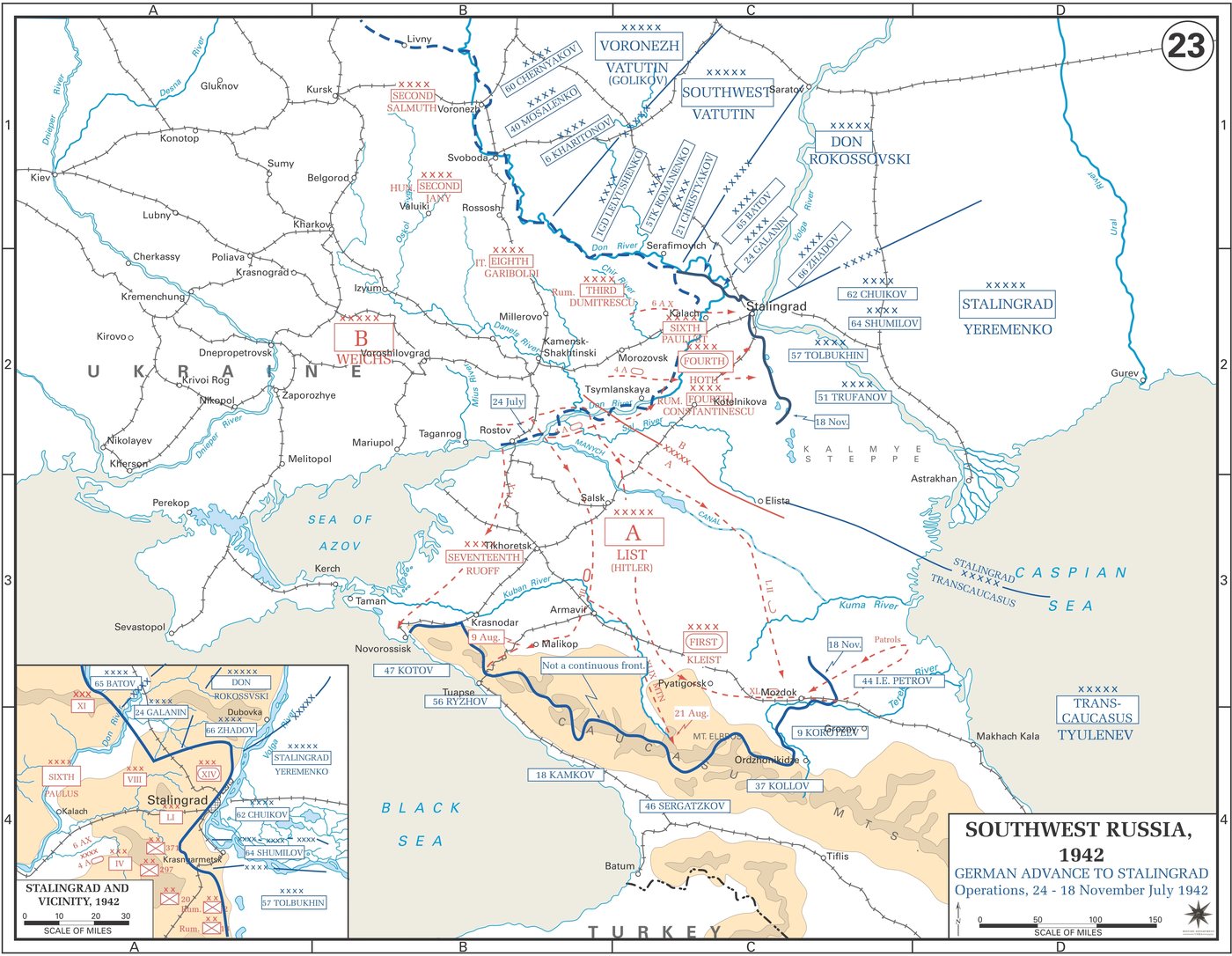 Military map of southern Russia with German army arrows reaching Stalingrad and the Caucasus