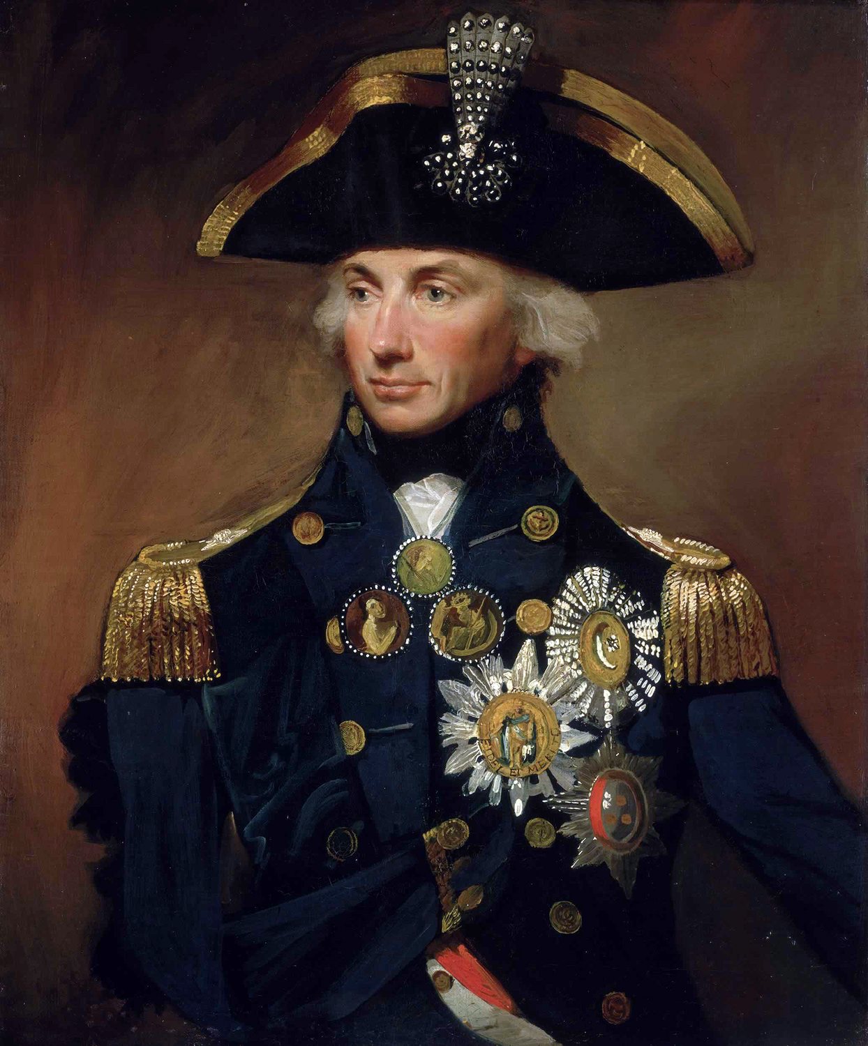 Portrait of Nelson in admiral's uniform and bicorne hat with orders and medals